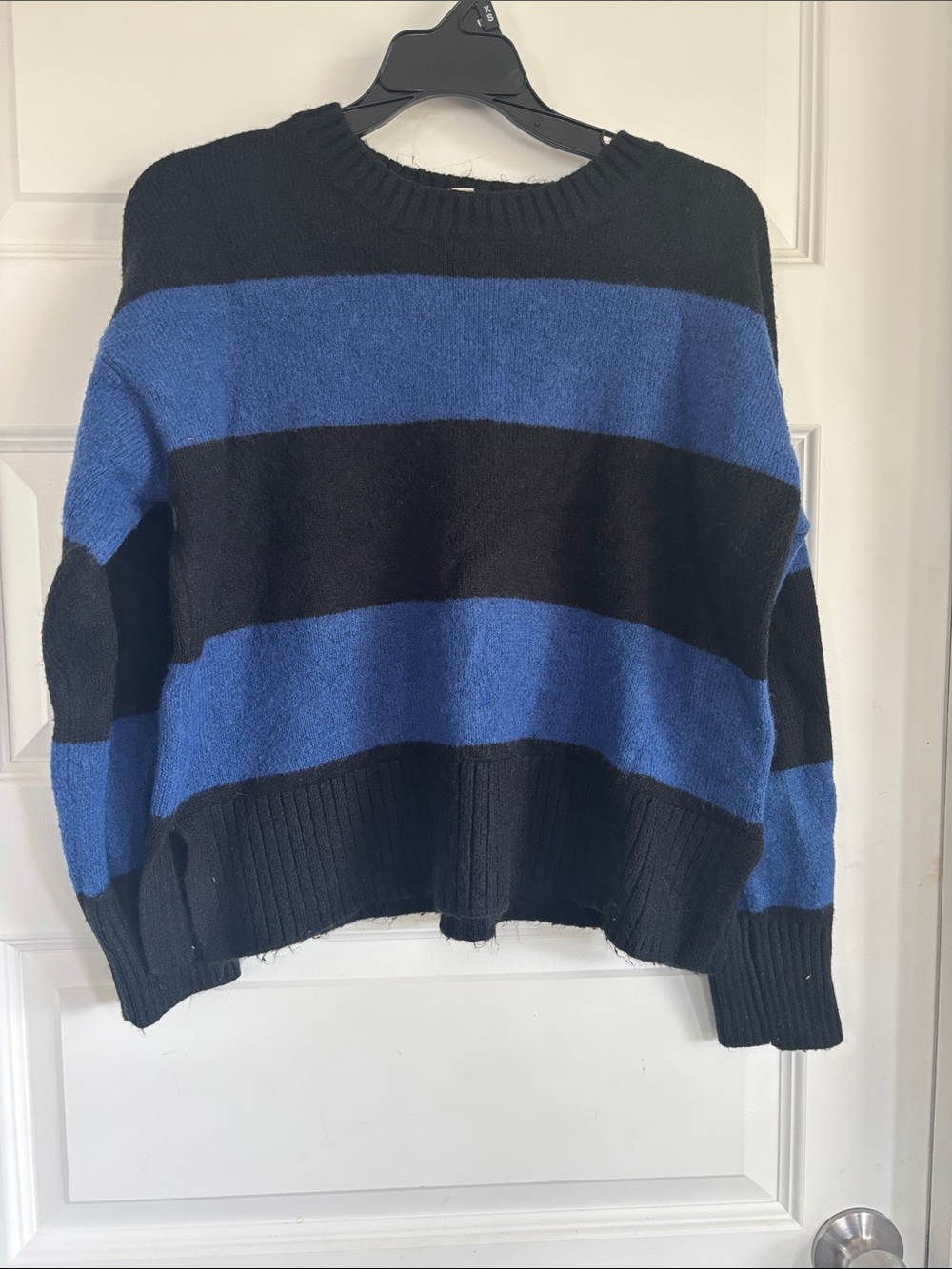 LOFT Black and Blue Striped Crewneck Sweater